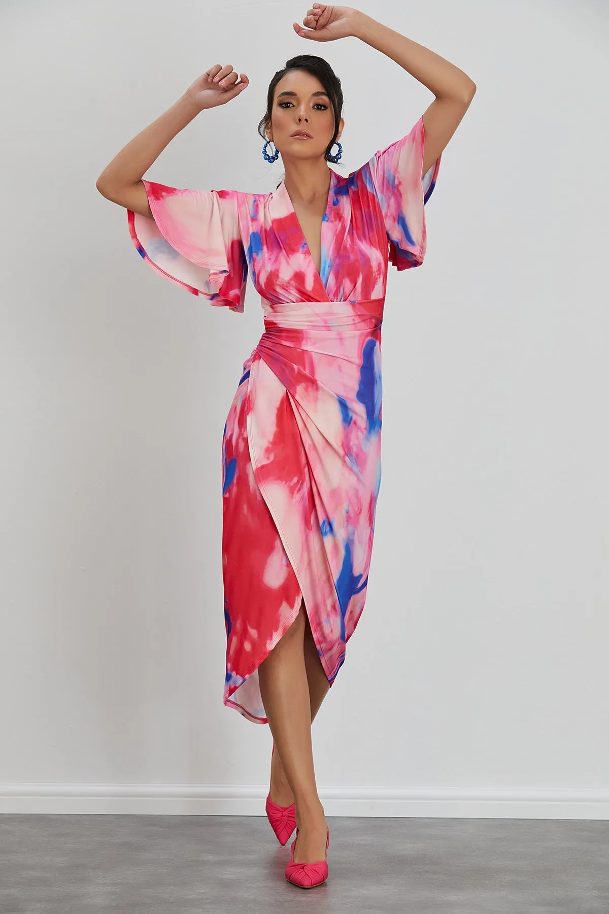Ethereal Angel Sleeve Wrap Dress in Insomnia Pink Print