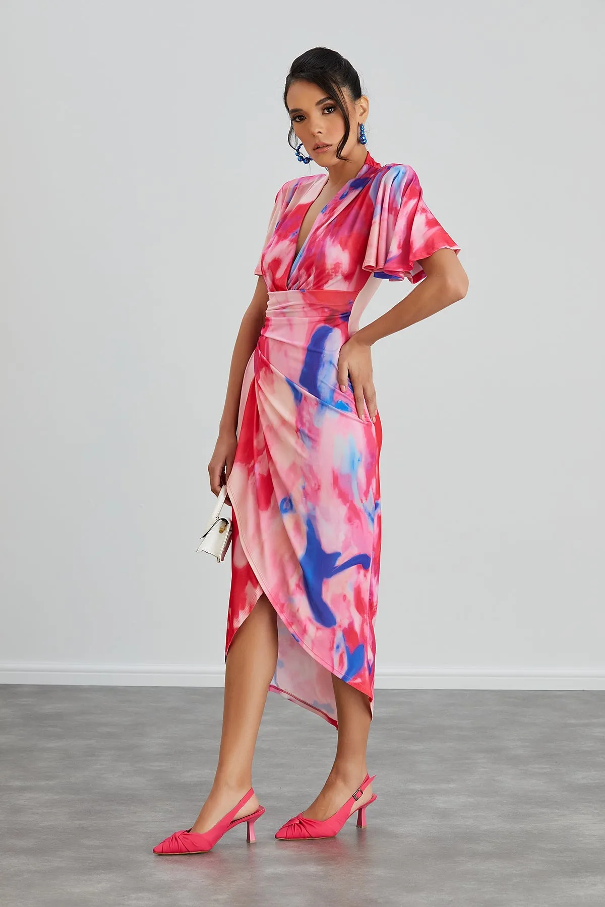 Ethereal Angel Sleeve Wrap Dress in Insomnia Pink Print