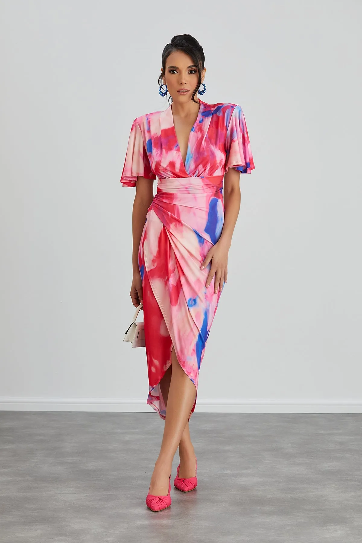 Ethereal Angel Sleeve Wrap Dress in Insomnia Pink Print