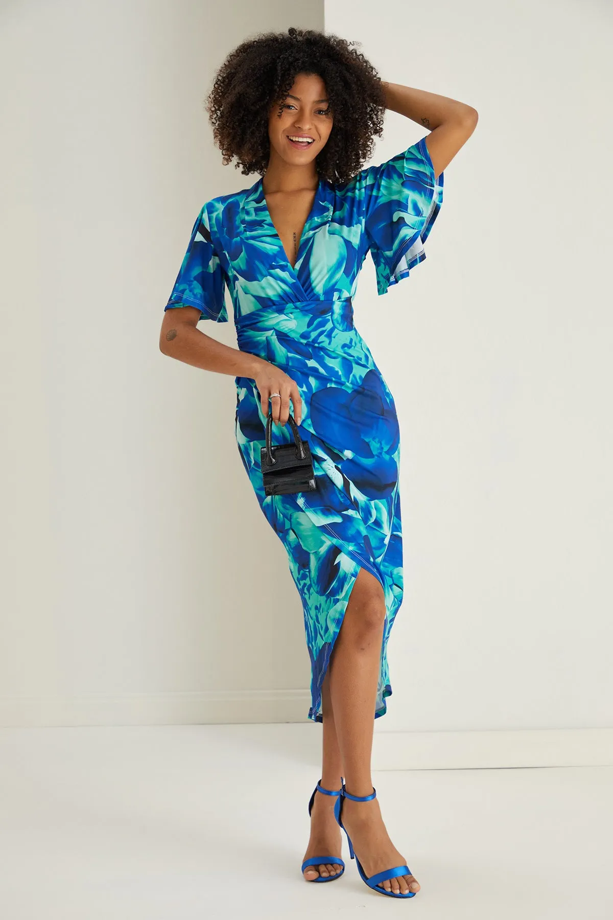Ethereal Angel Sleeve Wrap Dress in Sax Flush Print
