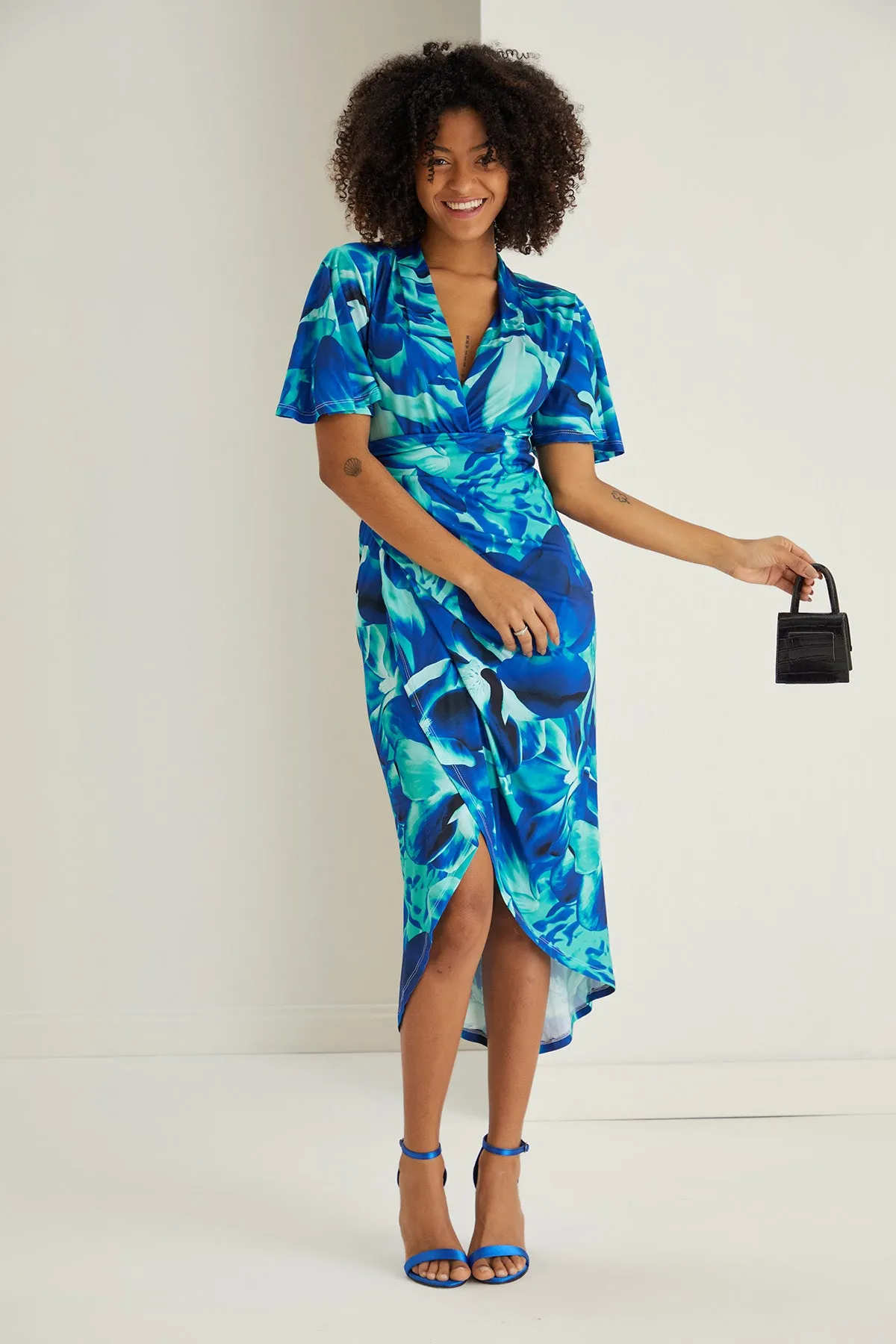 Ethereal Angel Sleeve Wrap Dress in Sax Flush Print