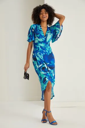 Ethereal Angel Sleeve Wrap Dress in Sax Flush Print