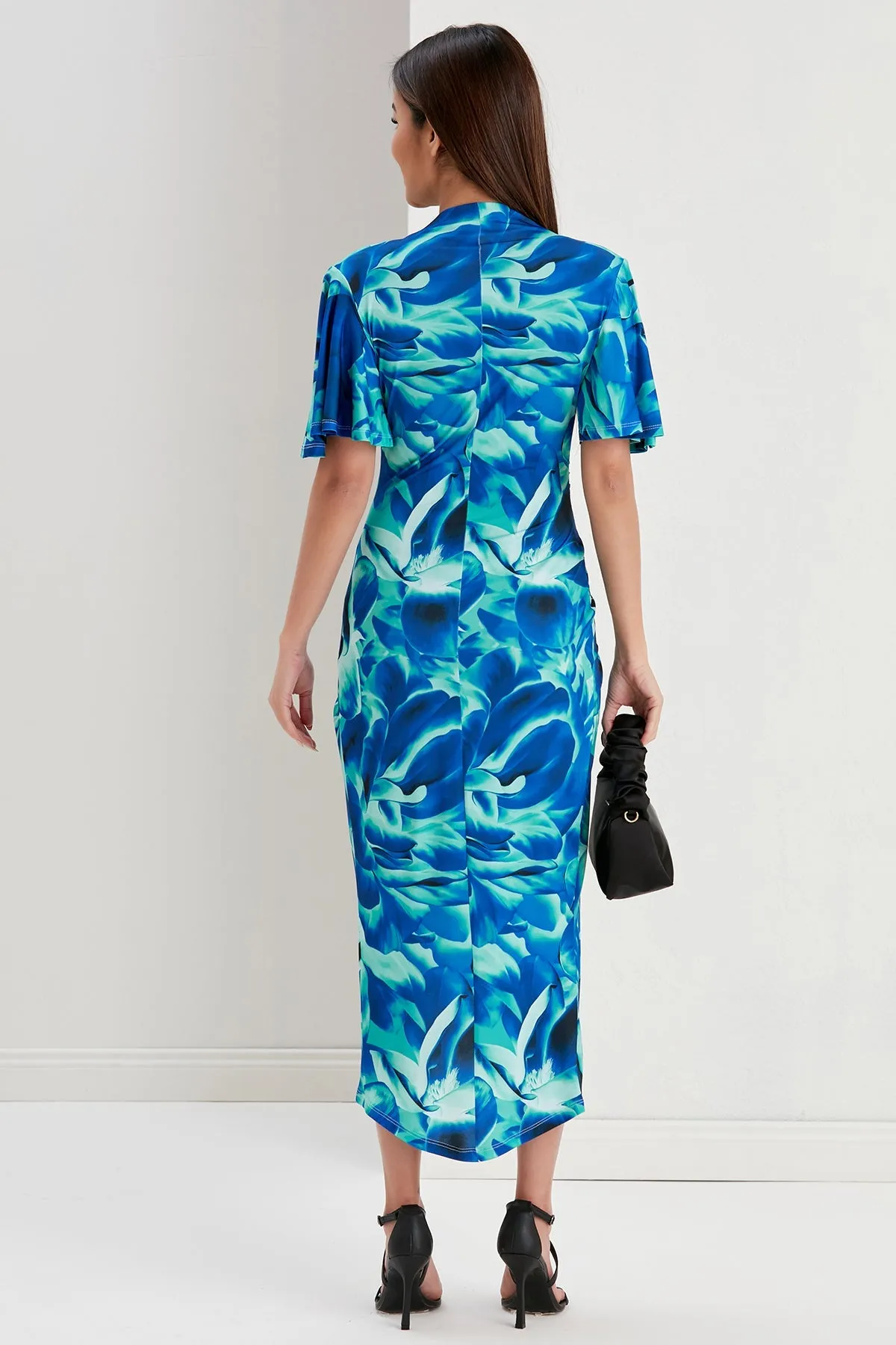 Ethereal Angel Sleeve Wrap Dress in Sax Flush Print