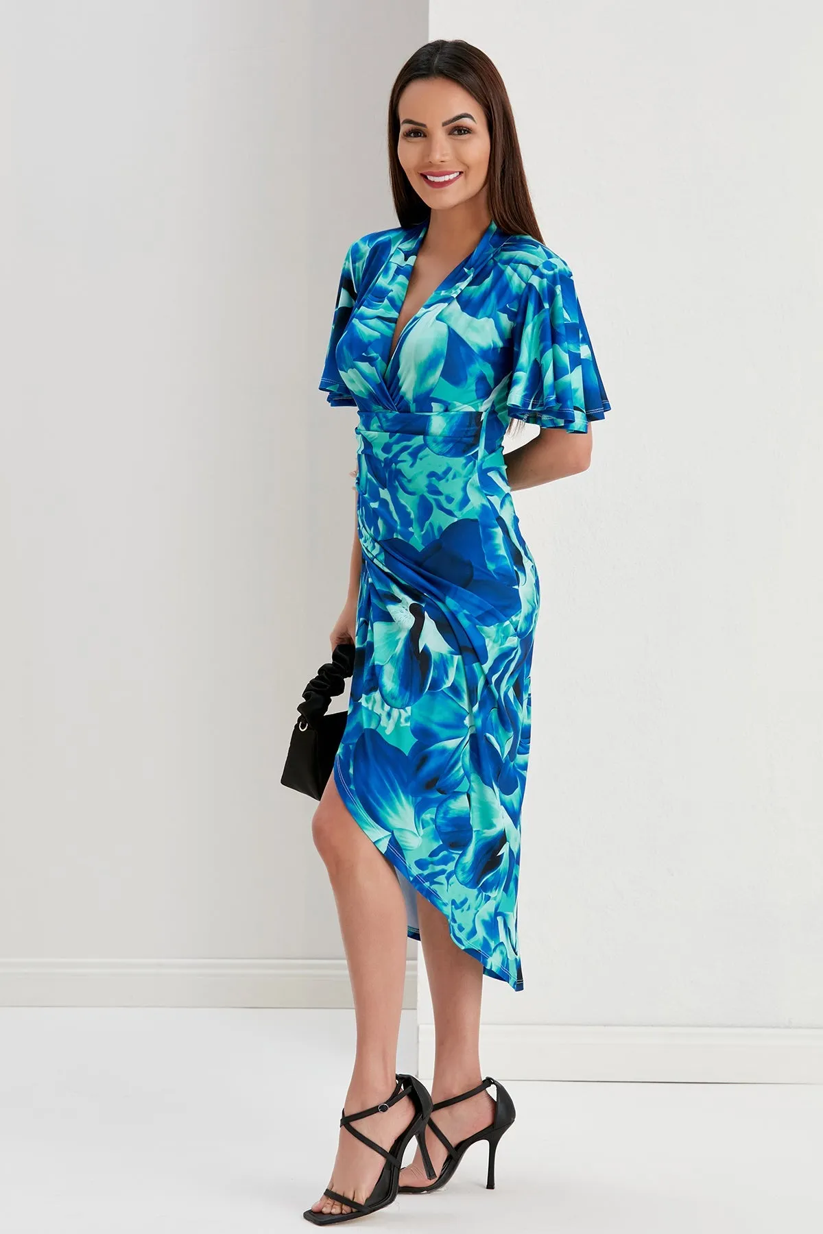 Ethereal Angel Sleeve Wrap Dress in Sax Flush Print