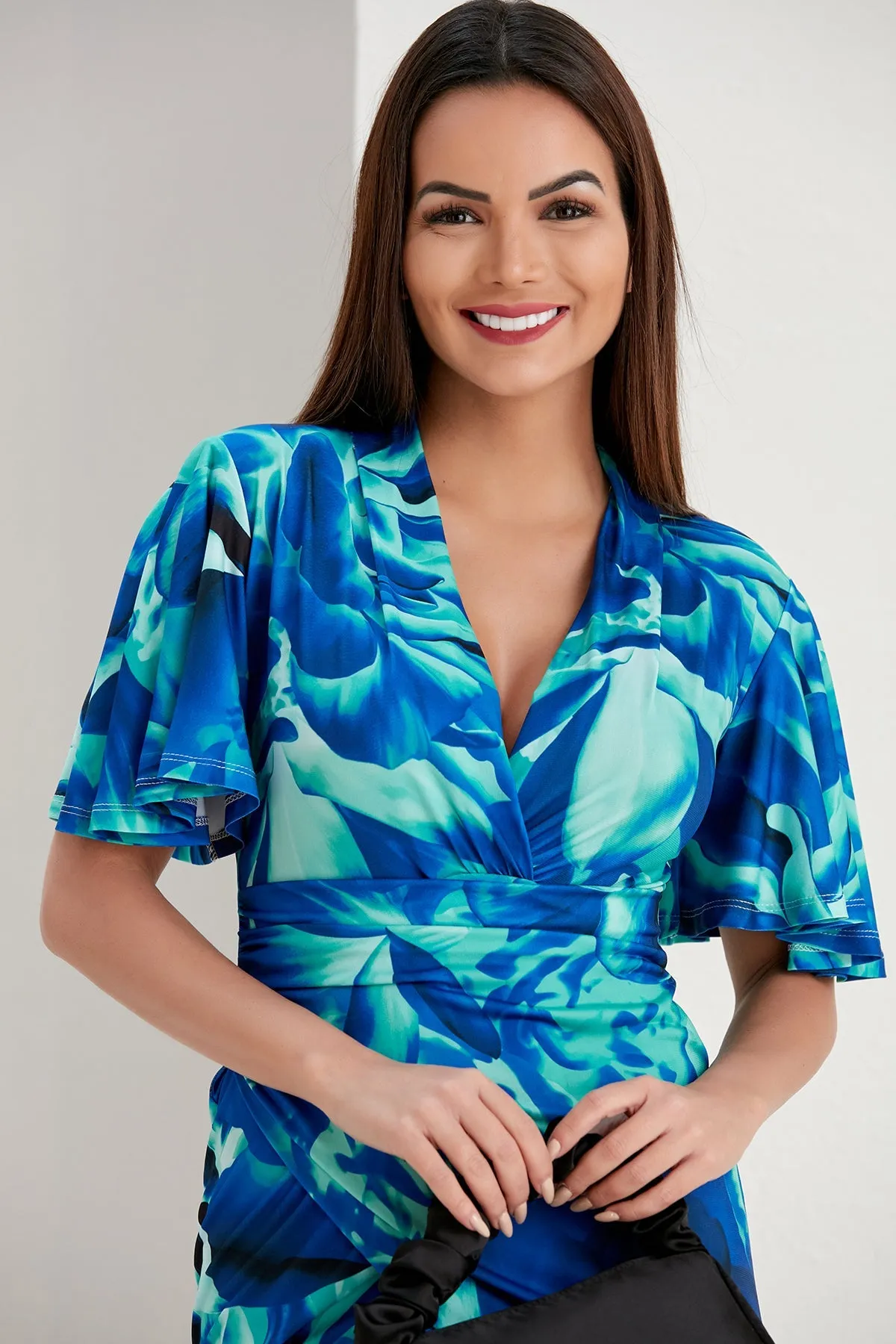 Ethereal Angel Sleeve Wrap Dress in Sax Flush Print