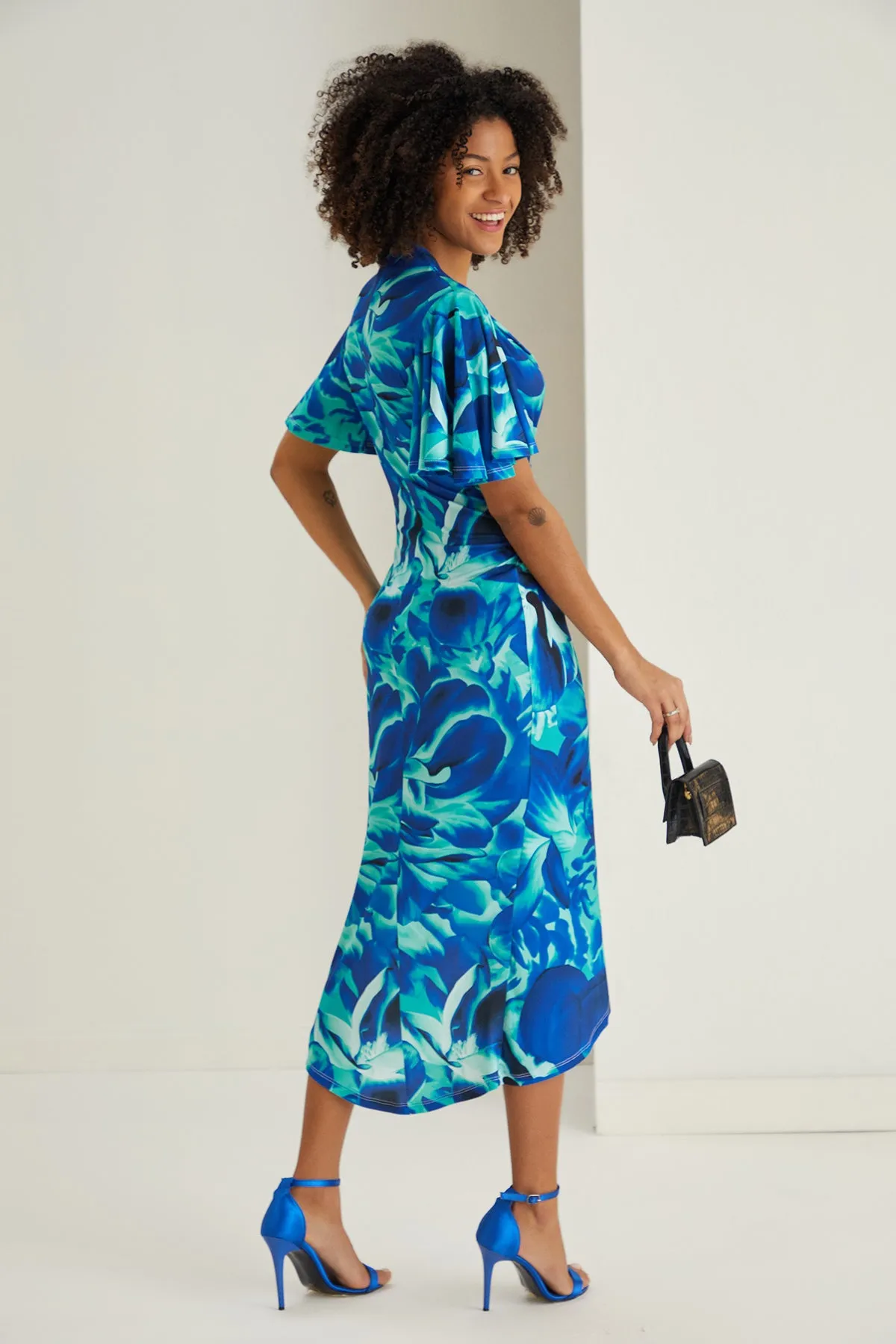 Ethereal Angel Sleeve Wrap Dress in Sax Flush Print
