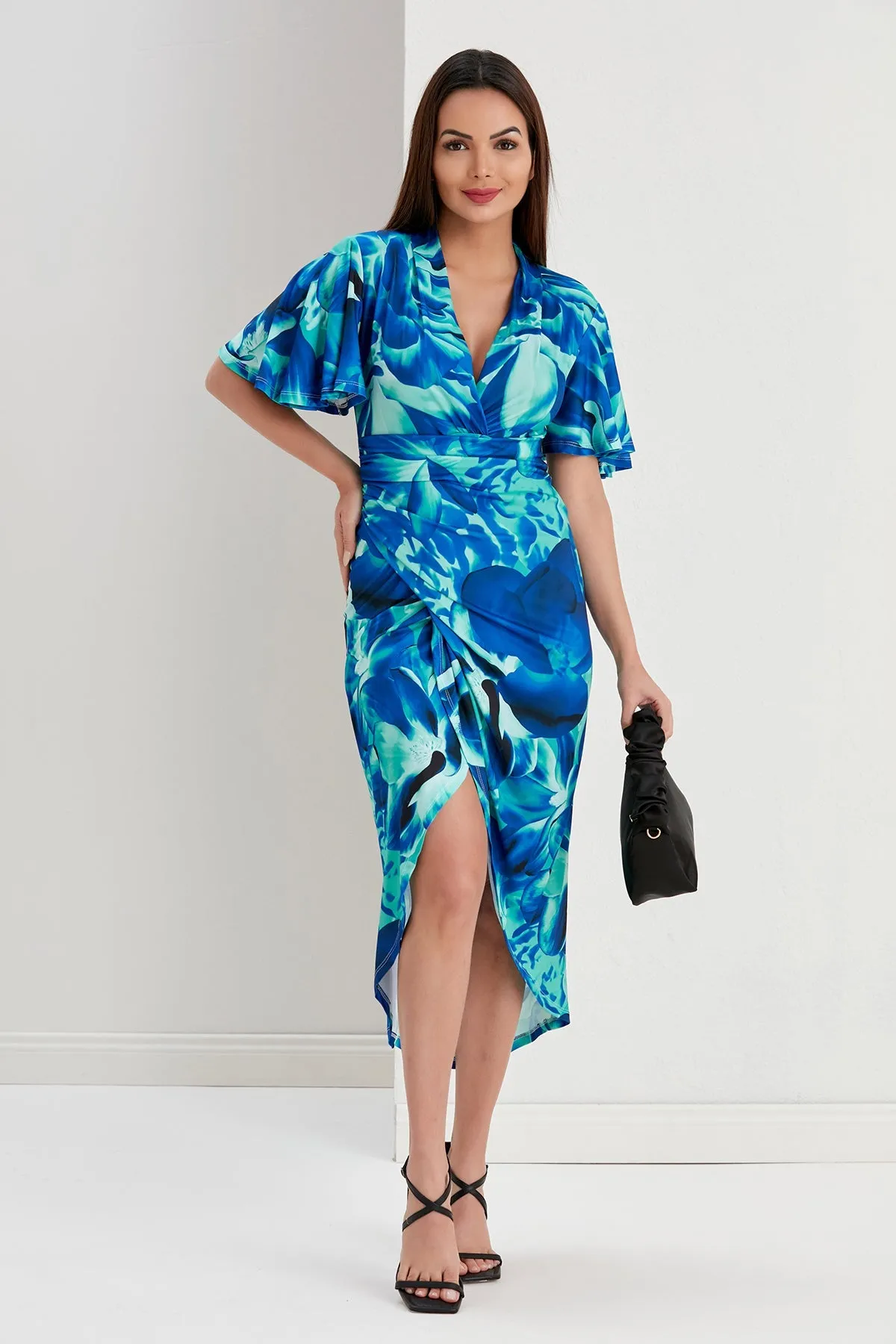 Ethereal Angel Sleeve Wrap Dress in Sax Flush Print