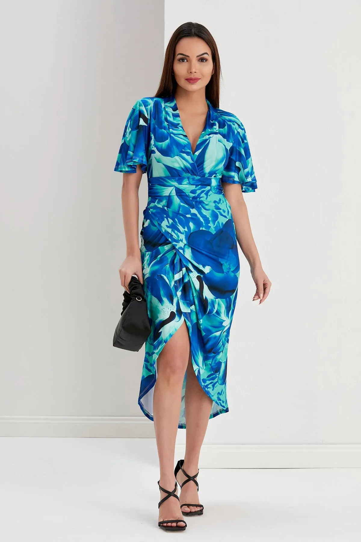 Ethereal Angel Sleeve Wrap Dress in Sax Flush Print