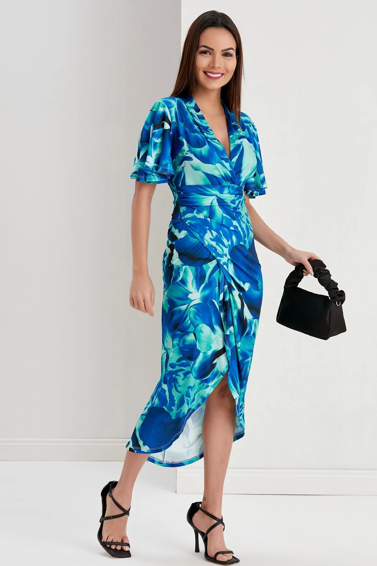 Ethereal Angel Sleeve Wrap Dress in Sax Flush Print