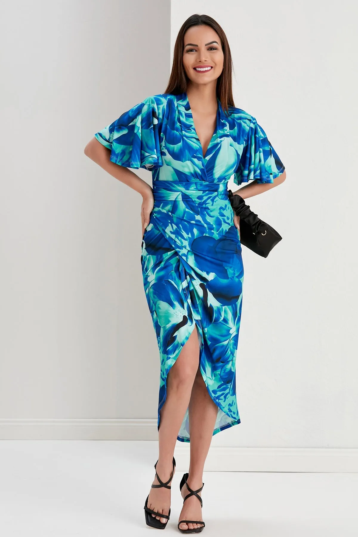 Ethereal Angel Sleeve Wrap Dress in Sax Flush Print