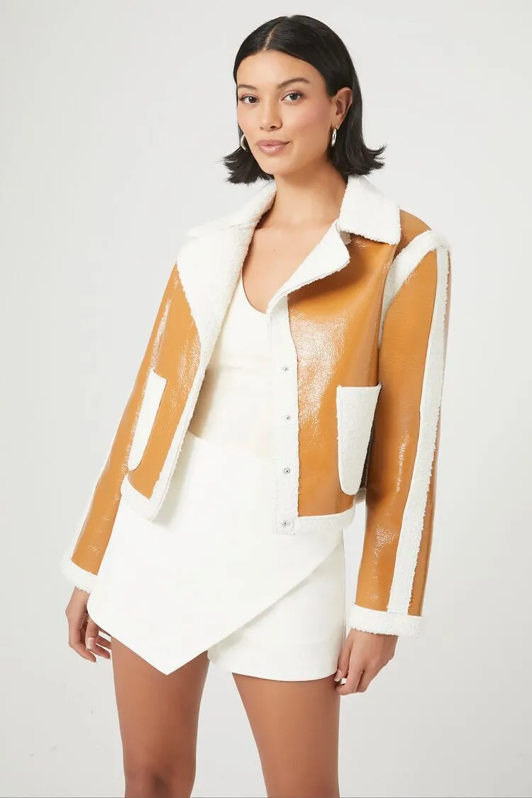 Faux Shearling-Trim Button-Front Jacket