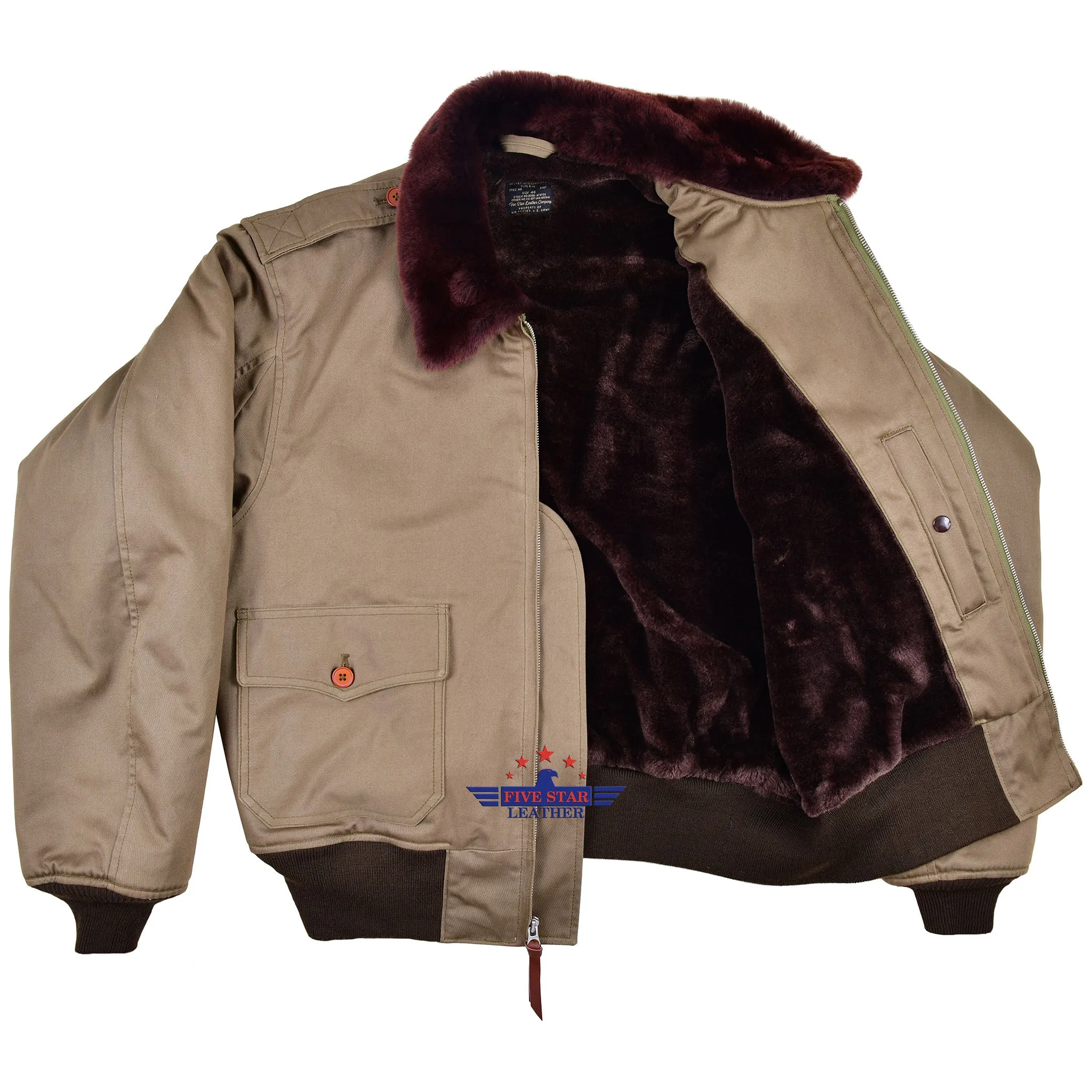 FiveStar Leather Type B 10 USAAF Military Flight Cloth Jacket Olive Cotton