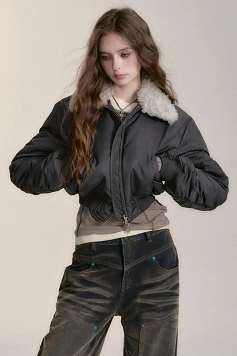 Fur Collar Cropped Bomber Jacket