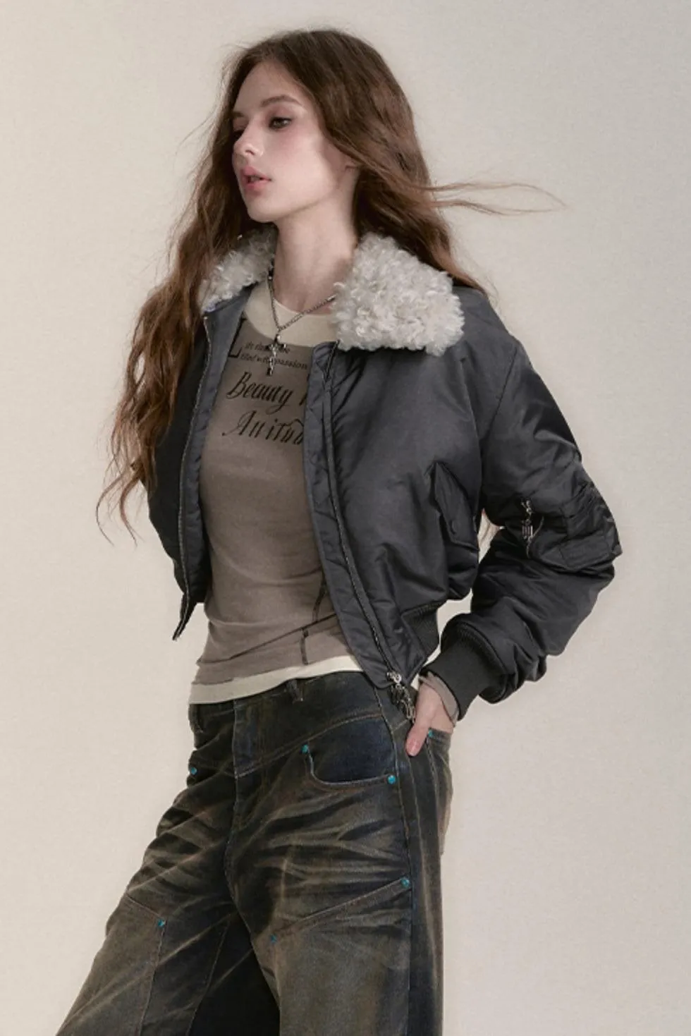 Fur Collar Cropped Bomber Jacket