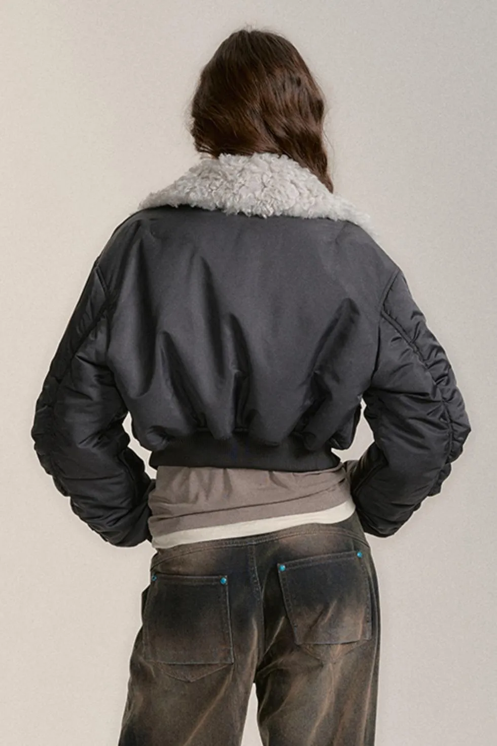 Fur Collar Cropped Bomber Jacket