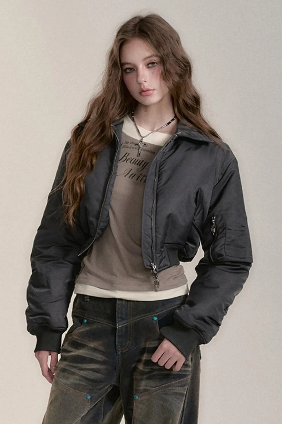 Fur Collar Cropped Bomber Jacket