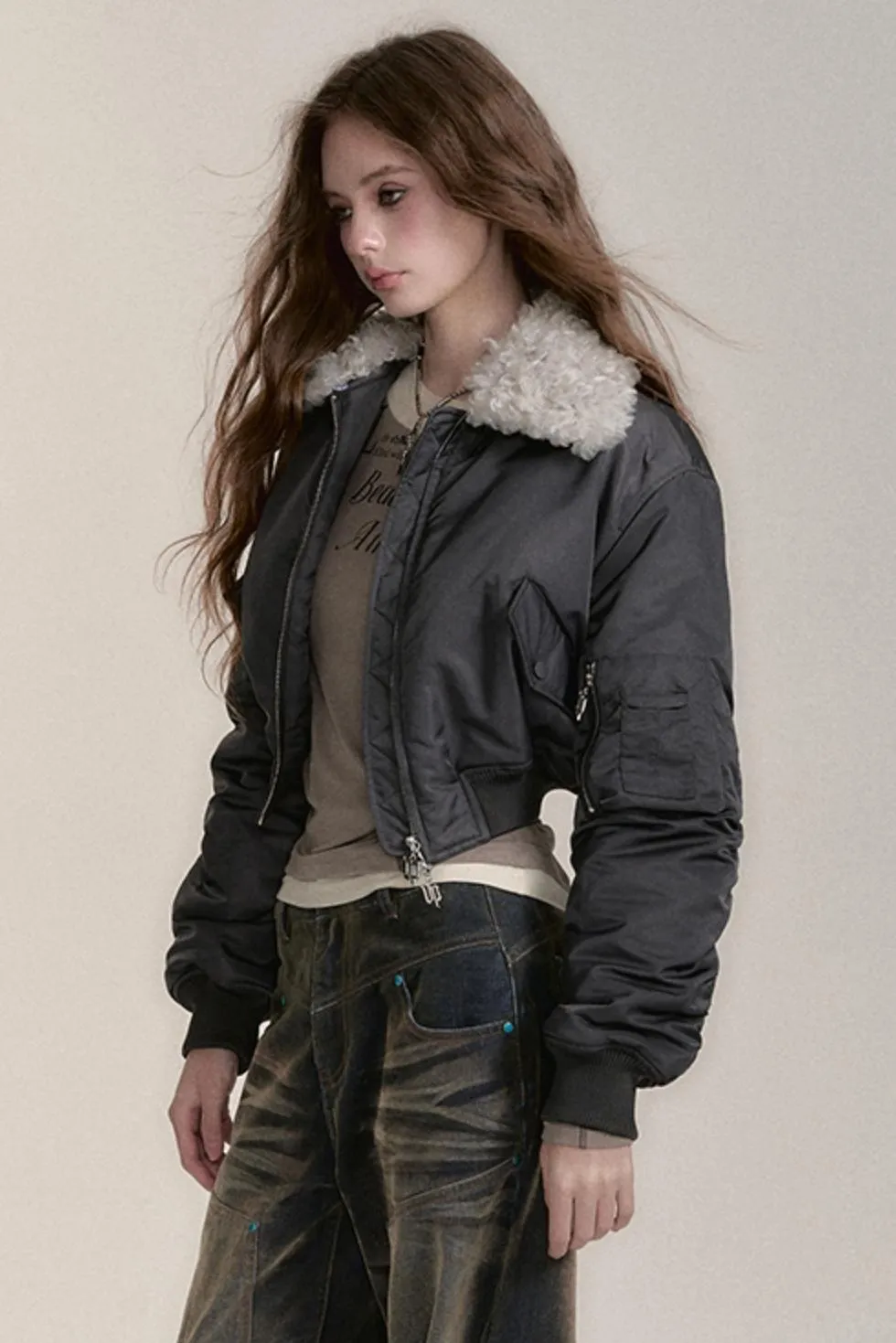 Fur Collar Cropped Bomber Jacket