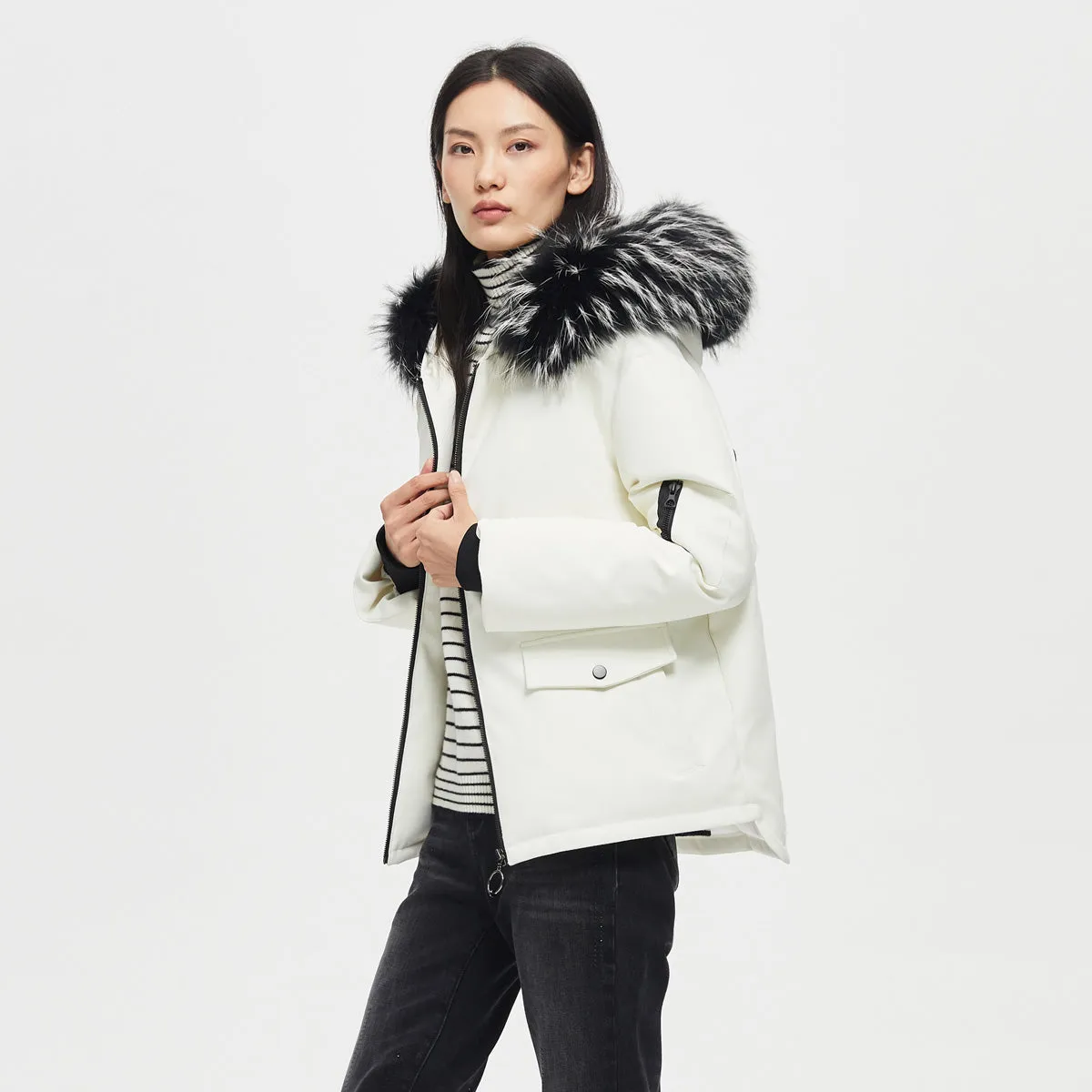 Fur collar white parka down
