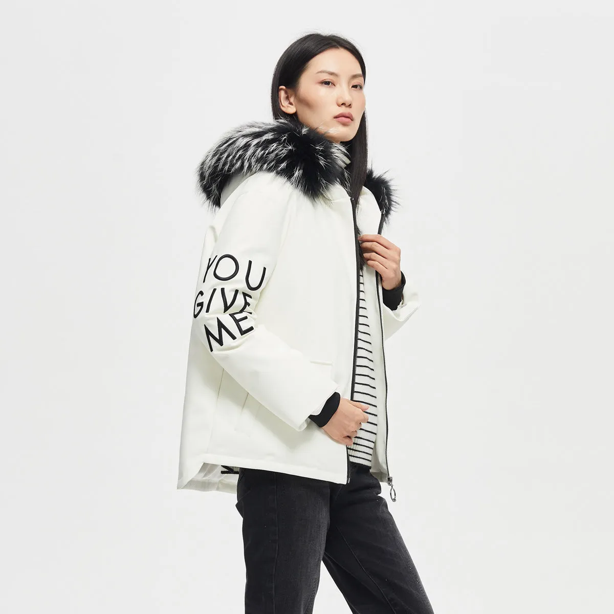 Fur collar white parka down