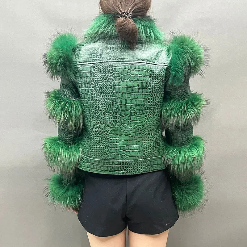 Genuine Leather Bomber and Fox Fur Collar Raccoon Fur Trim Coats