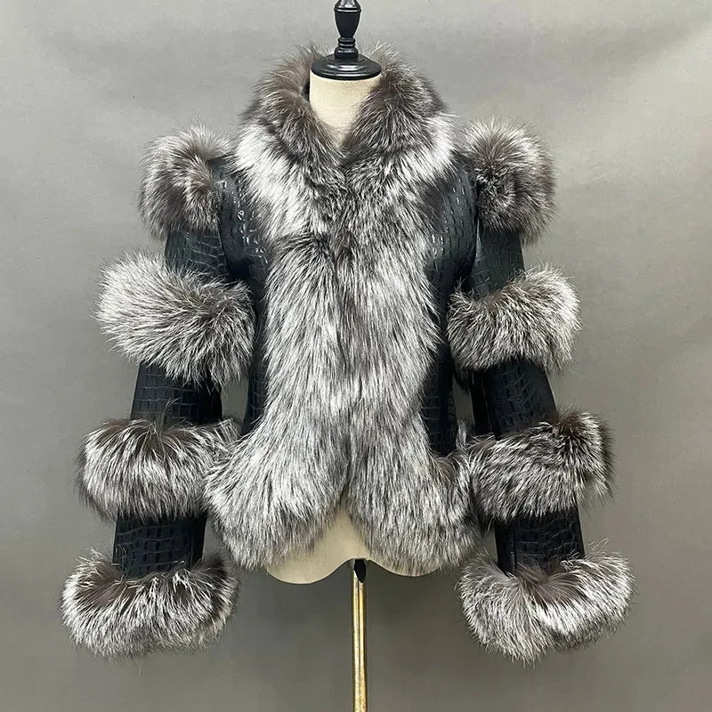 Genuine Leather Bomber and Fox Fur Collar Raccoon Fur Trim Coats