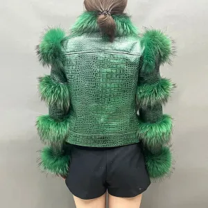 Genuine Leather Bomber and Fox Fur Collar Raccoon Fur Trim Coats