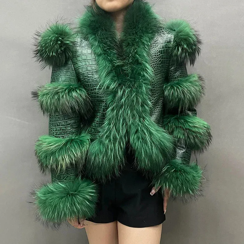 Genuine Leather Bomber and Fox Fur Collar Raccoon Fur Trim Coats