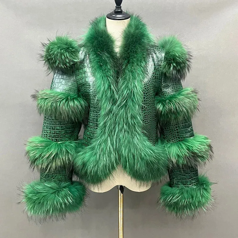 Genuine Leather Bomber and Fox Fur Collar Raccoon Fur Trim Coats