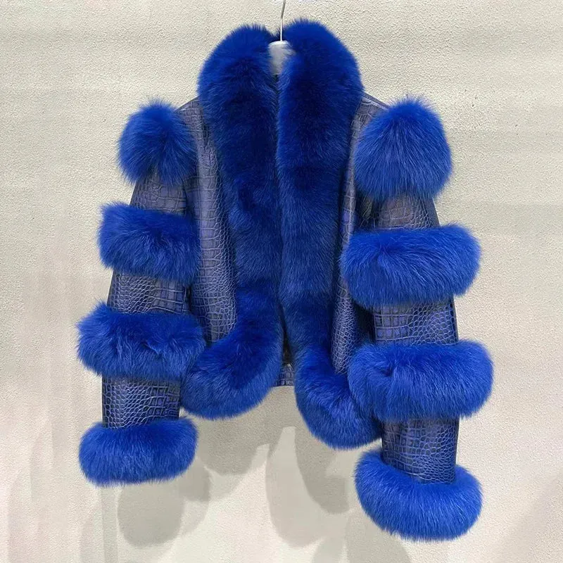 Genuine Leather Bomber and Fox Fur Collar Raccoon Fur Trim Coats