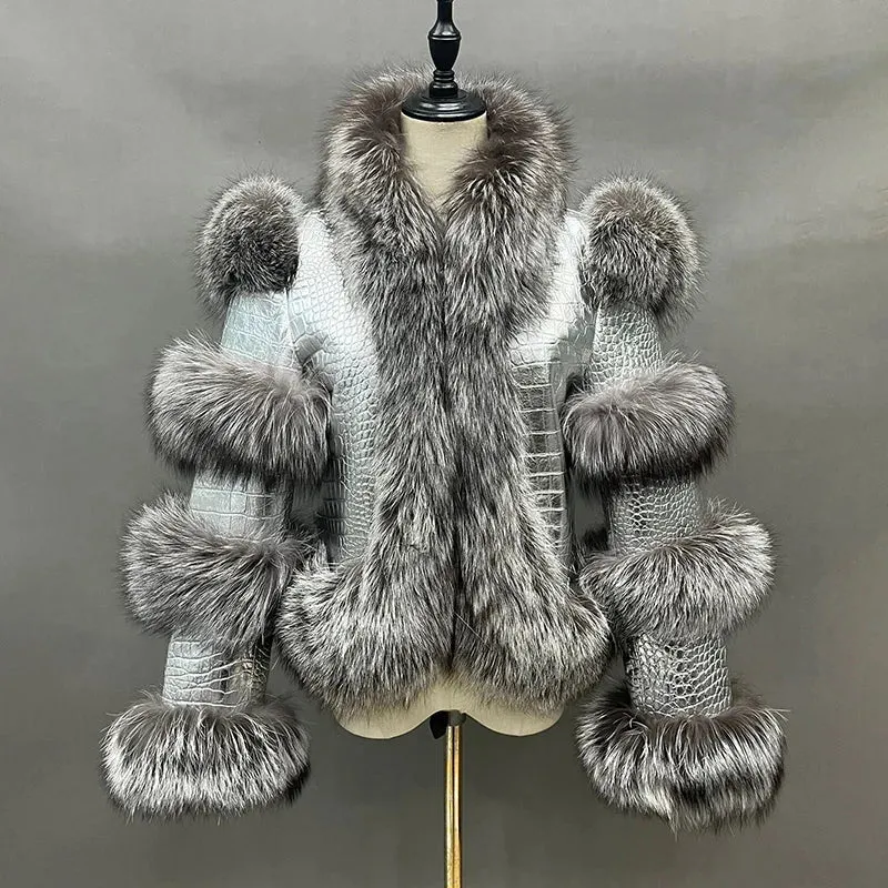 Genuine Leather Bomber and Fox Fur Collar Raccoon Fur Trim Coats
