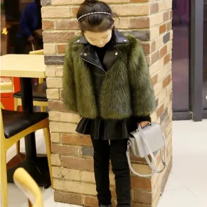 Girls Green Leather Fur Jacket