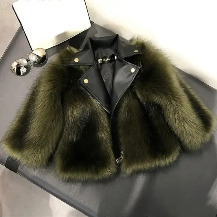 Girls Green Leather Fur Jacket