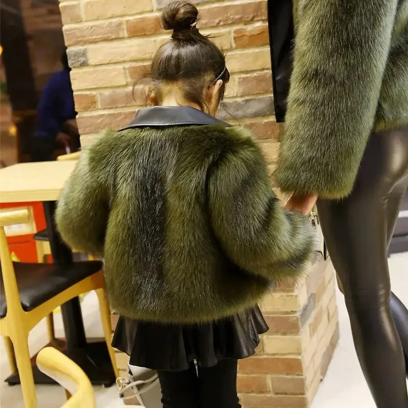Girls Green Leather Fur Jacket