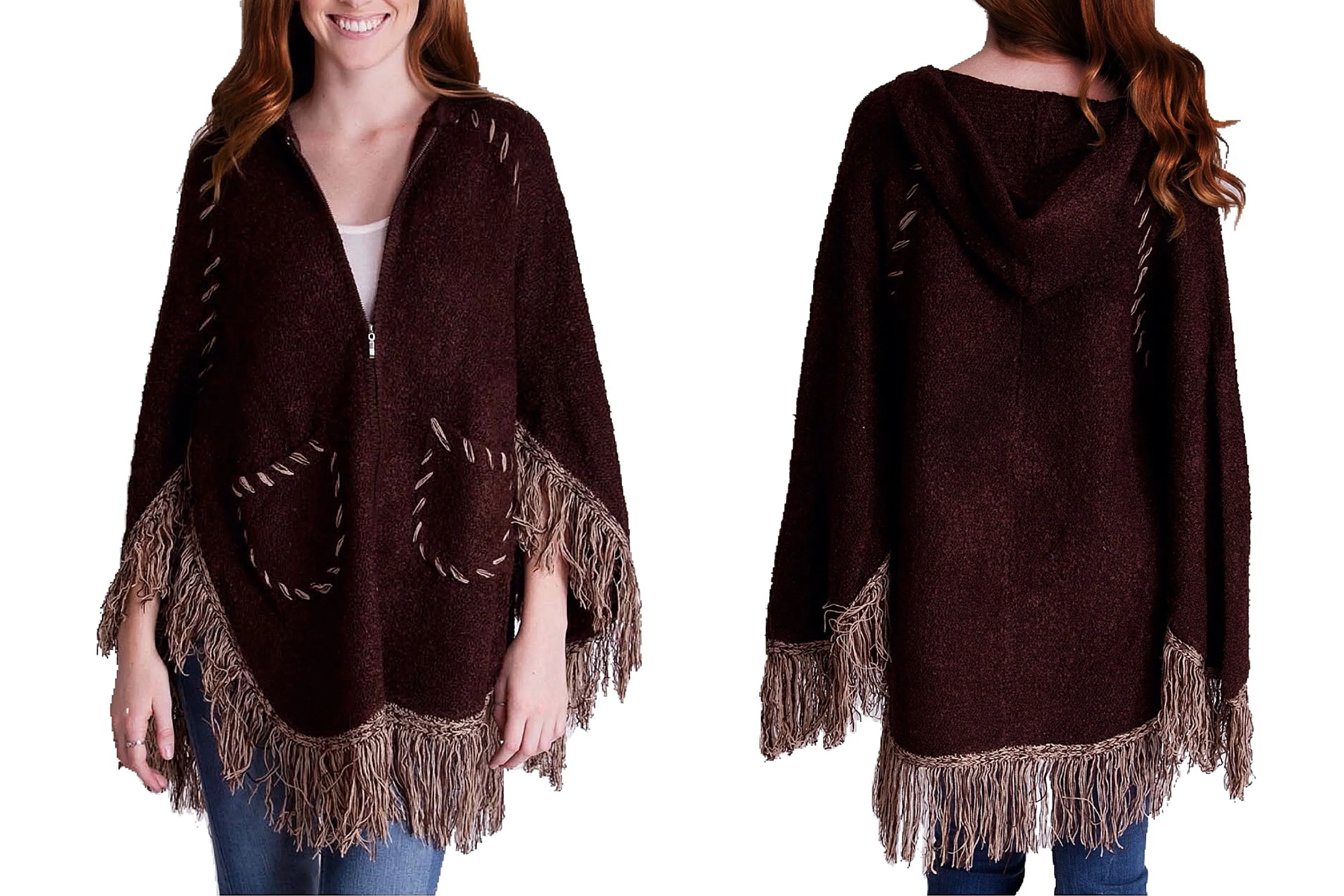 Hoodie & Zipper Poncho Sweater with Fringes and Stitching