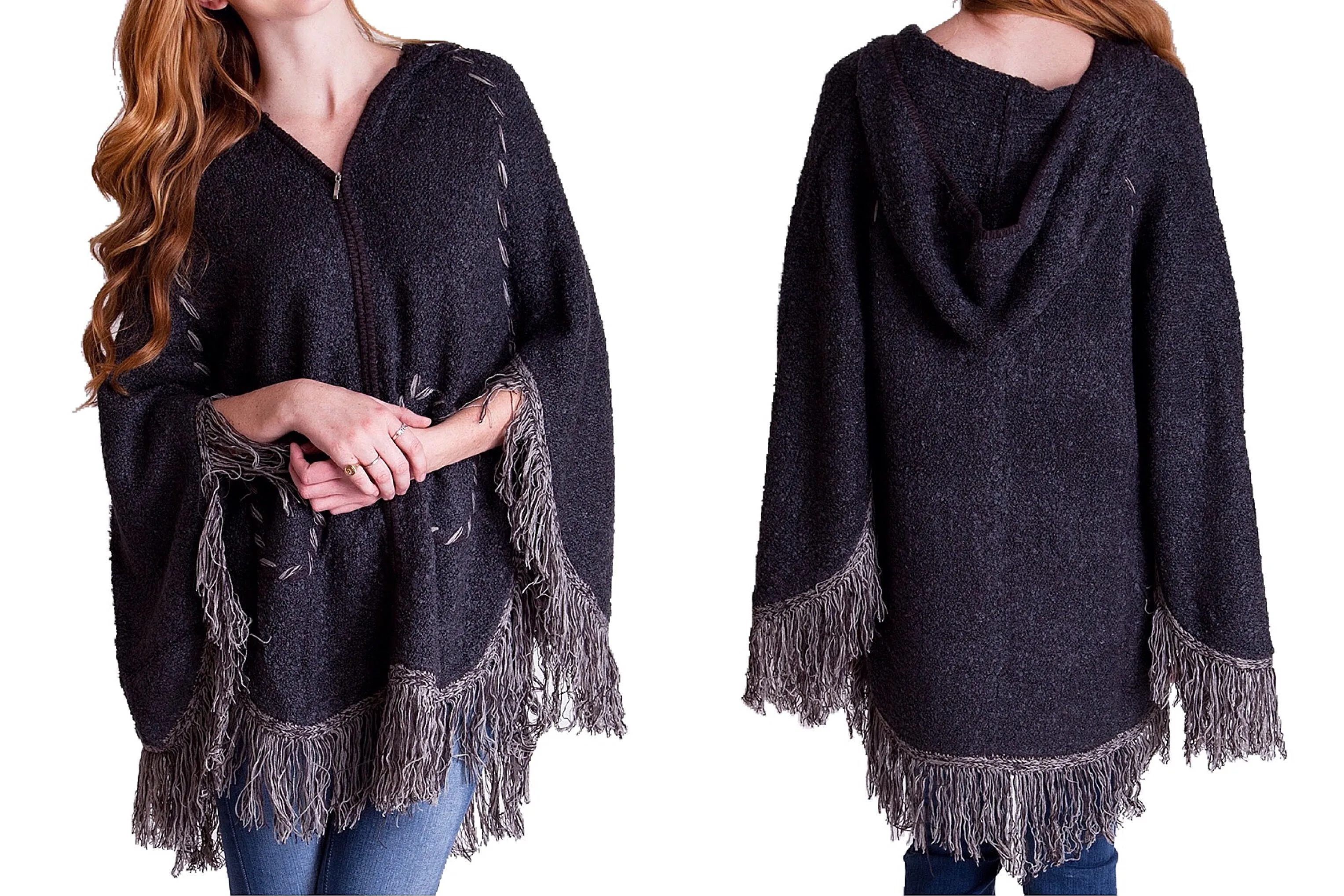 Hoodie & Zipper Poncho Sweater with Fringes and Stitching