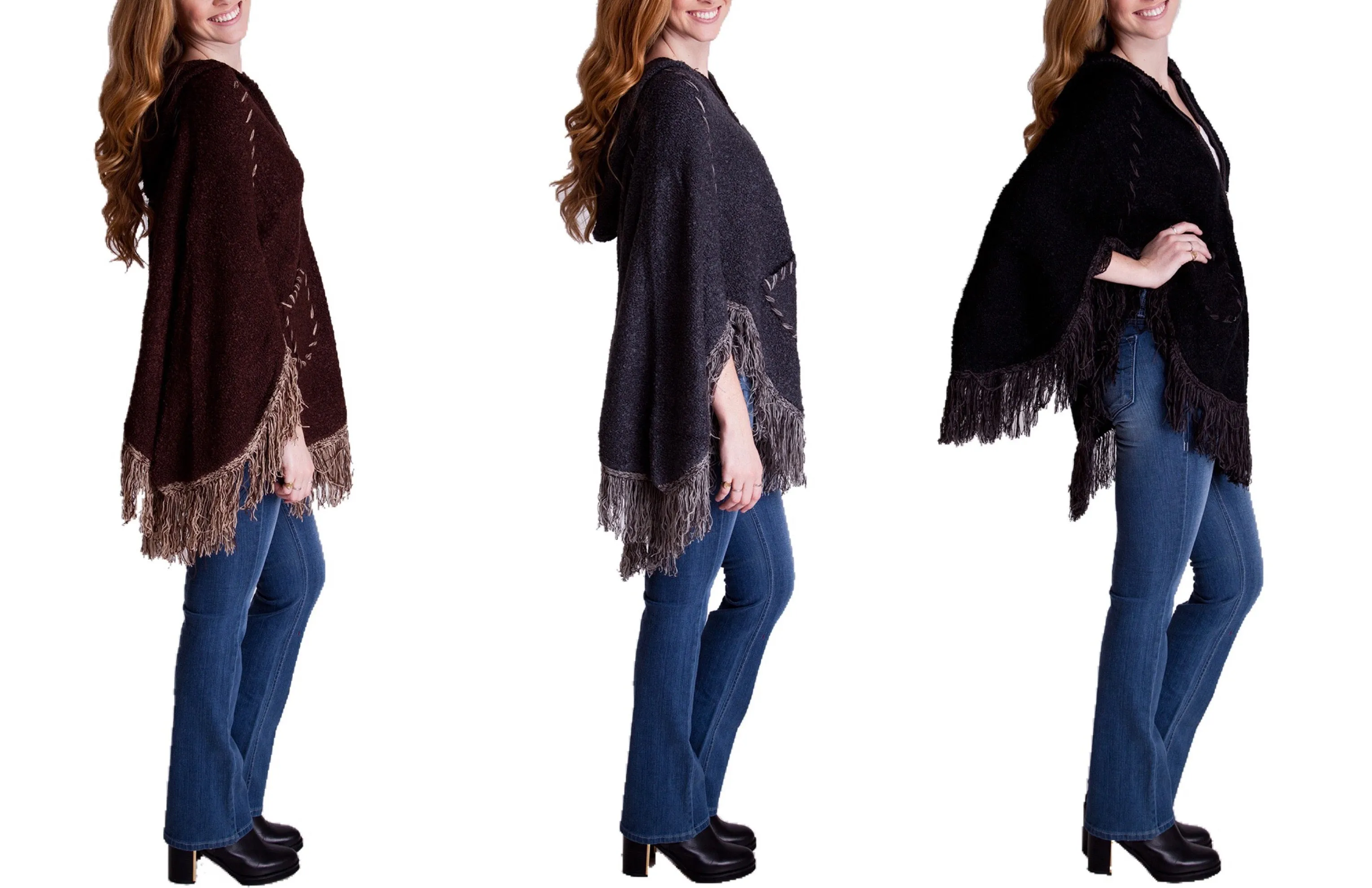 Hoodie & Zipper Poncho Sweater with Fringes and Stitching
