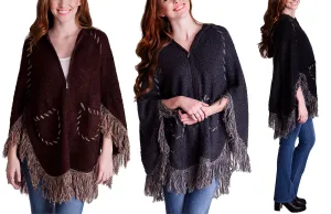 Hoodie & Zipper Poncho Sweater with Fringes and Stitching