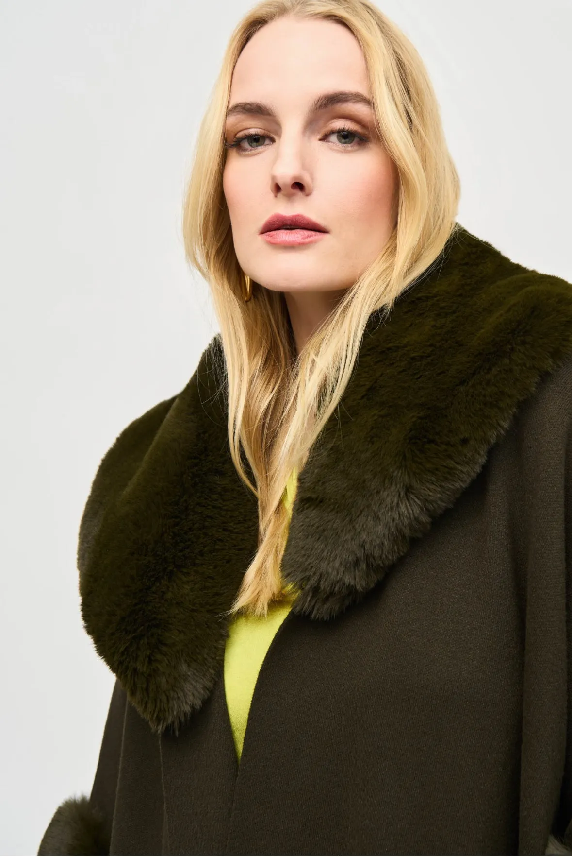 Joseph Ribkoff Khaki Brushed Jacquard And Faux Fur Cape Style 243930