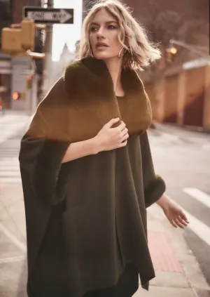 Joseph Ribkoff Khaki Brushed Jacquard And Faux Fur Cape Style 243930
