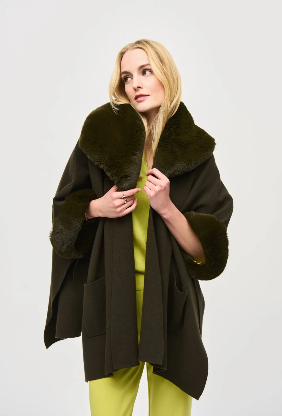 Joseph Ribkoff Khaki Brushed Jacquard And Faux Fur Cape Style 243930