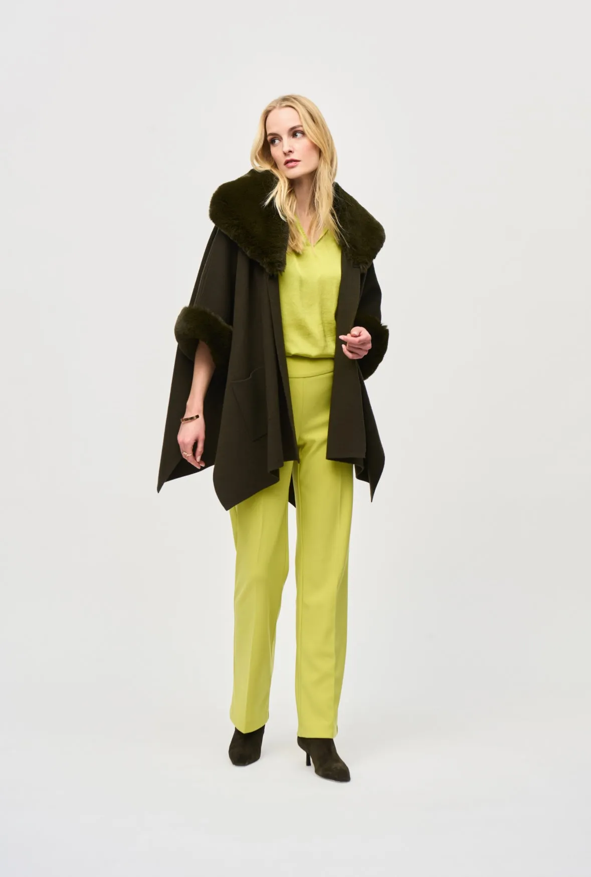 Joseph Ribkoff Khaki Brushed Jacquard And Faux Fur Cape Style 243930