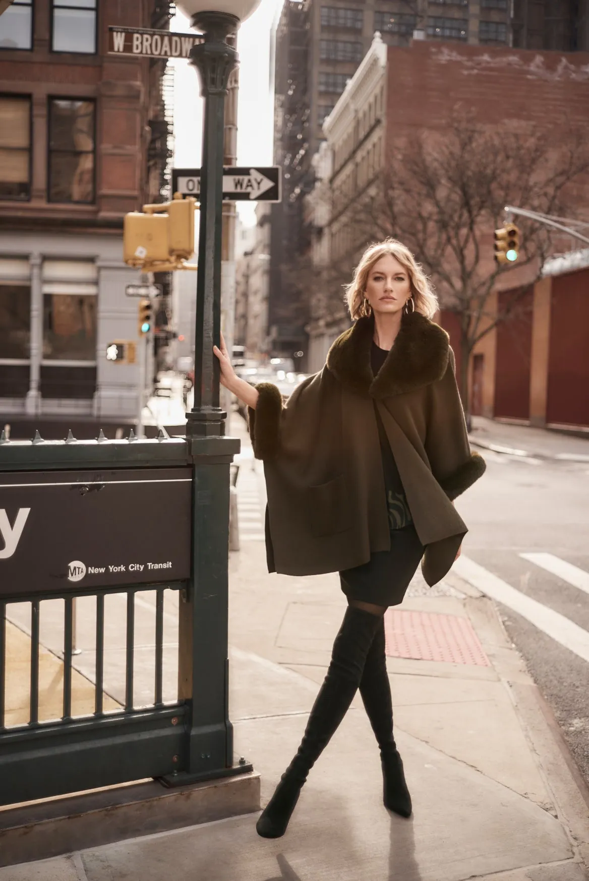 Joseph Ribkoff Khaki Brushed Jacquard And Faux Fur Cape Style 243930