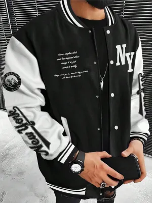 LEGND Men Slogan Graphic Two Tone Varsity Jacket, Going Out Street Wear Letter Baseball Long Sleeve Color Block Jacket, For Friends, Husband, Boyfriend Gifts