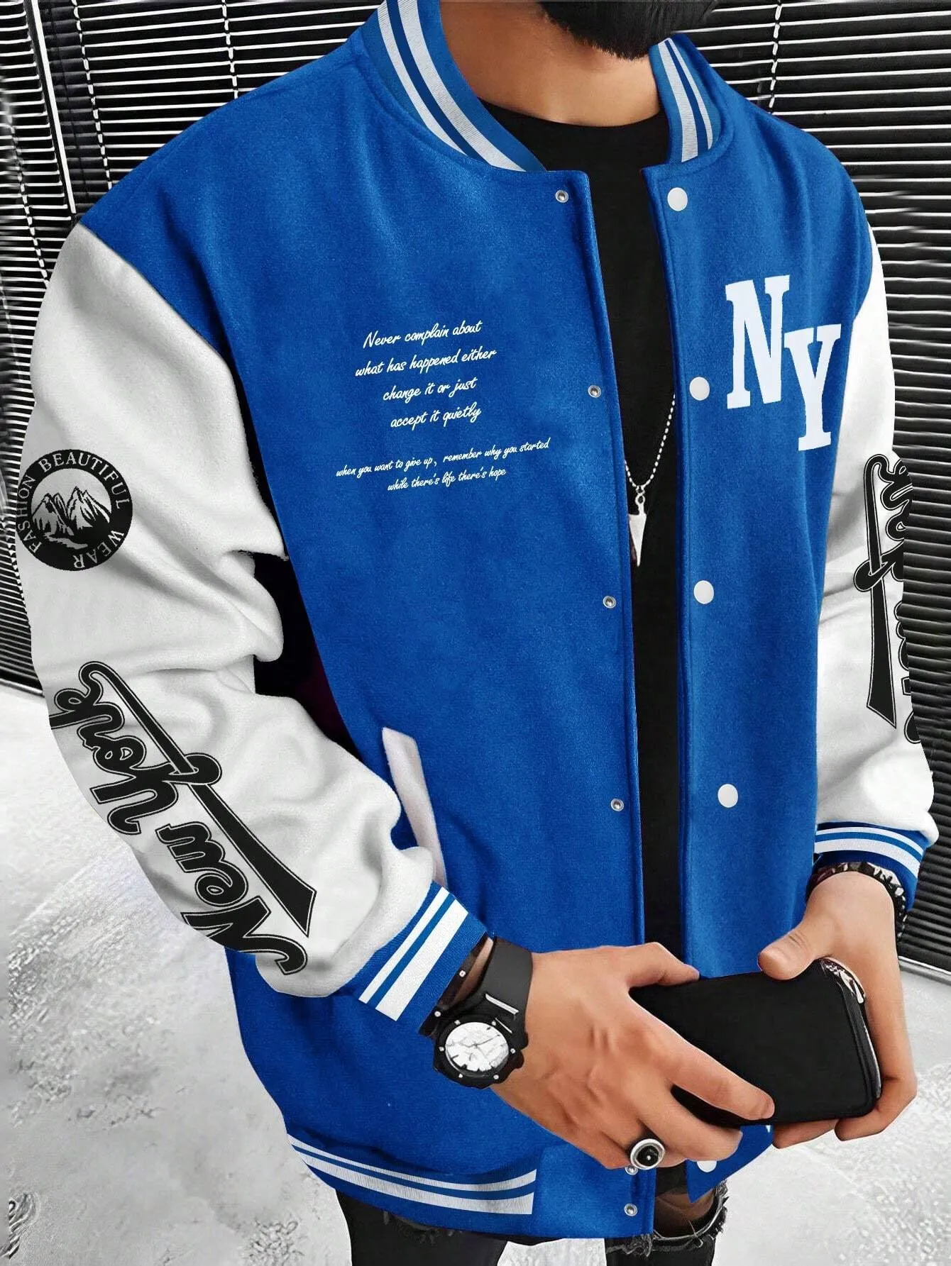 LEGND Men Slogan Graphic Two Tone Varsity Jacket, Going Out Street Wear Letter Baseball Long Sleeve Color Block Jacket, For Friends, Husband, Boyfriend Gifts