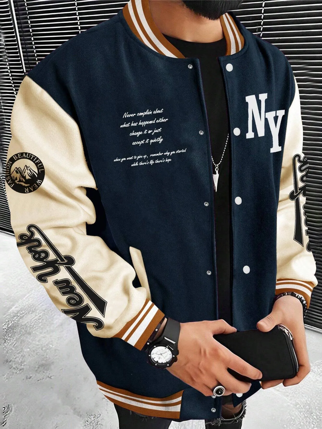 LEGND Men Slogan Graphic Two Tone Varsity Jacket, Going Out Street Wear Letter Baseball Long Sleeve Color Block Jacket, For Friends, Husband, Boyfriend Gifts