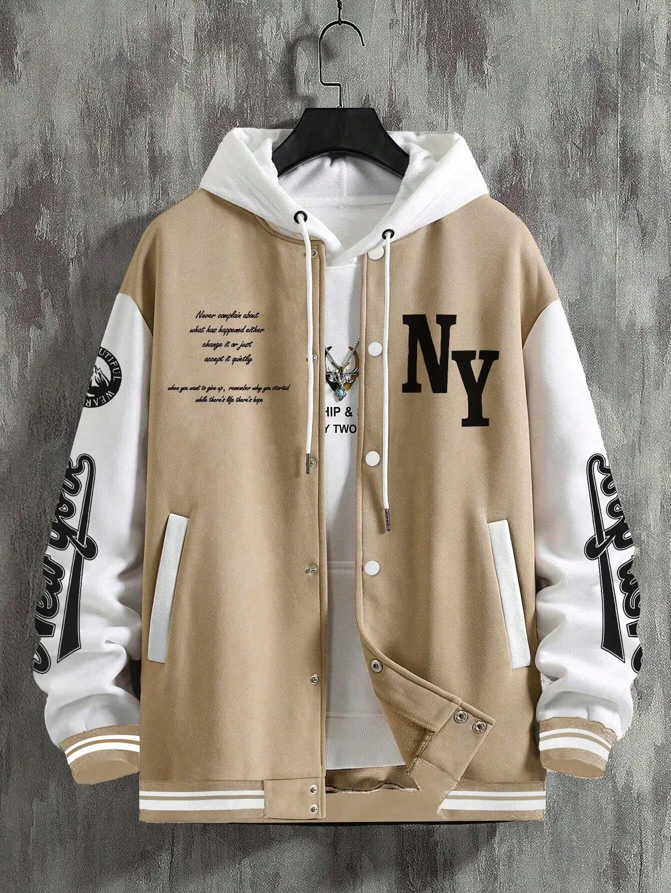 LEGND Men Slogan Graphic Two Tone Varsity Jacket, Going Out Street Wear Letter Baseball Long Sleeve Color Block Jacket, For Friends, Husband, Boyfriend Gifts