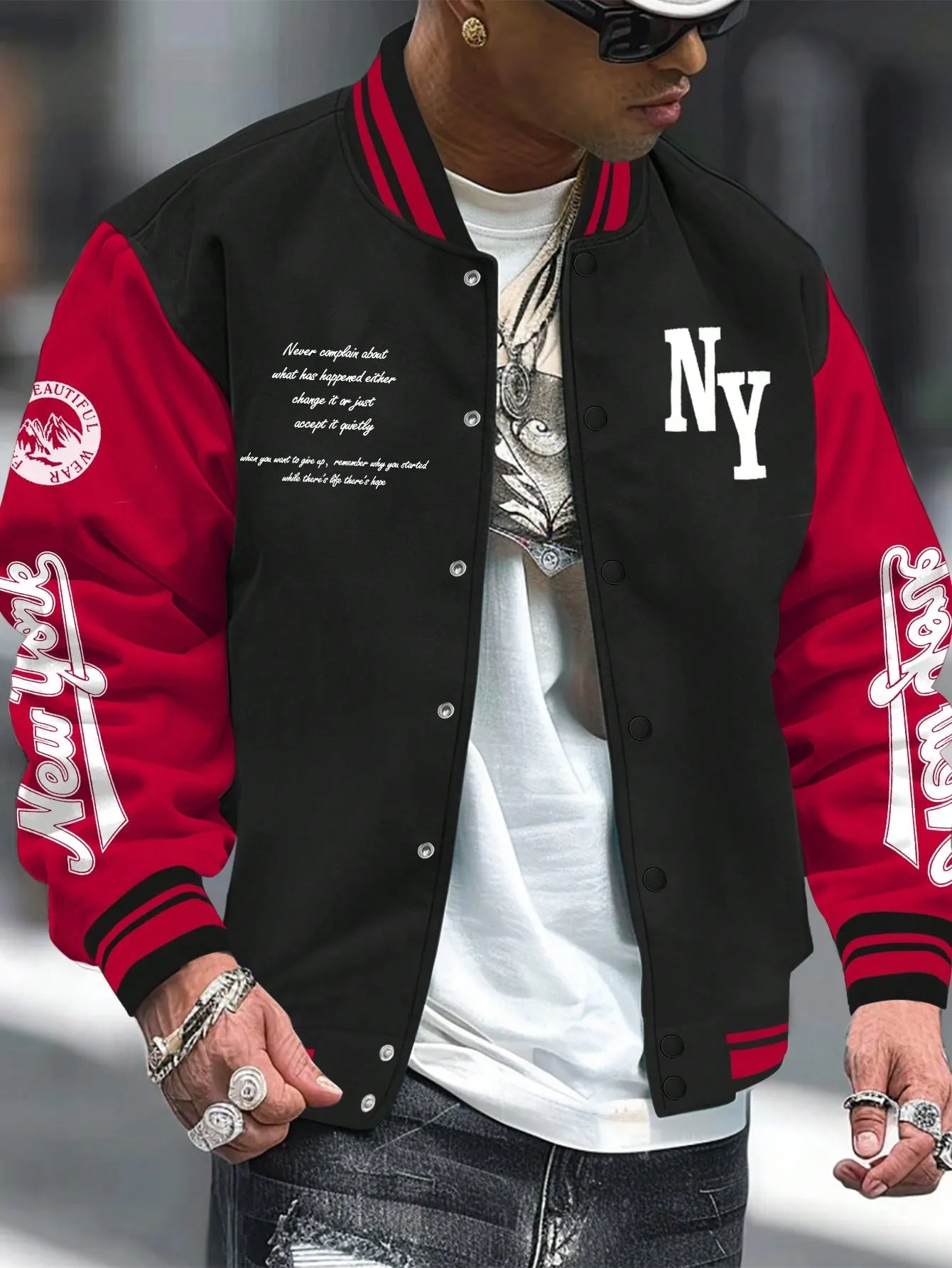 LEGND Men Slogan Graphic Two Tone Varsity Jacket, Going Out Street Wear Letter Baseball Long Sleeve Color Block Jacket, For Friends, Husband, Boyfriend Gifts
