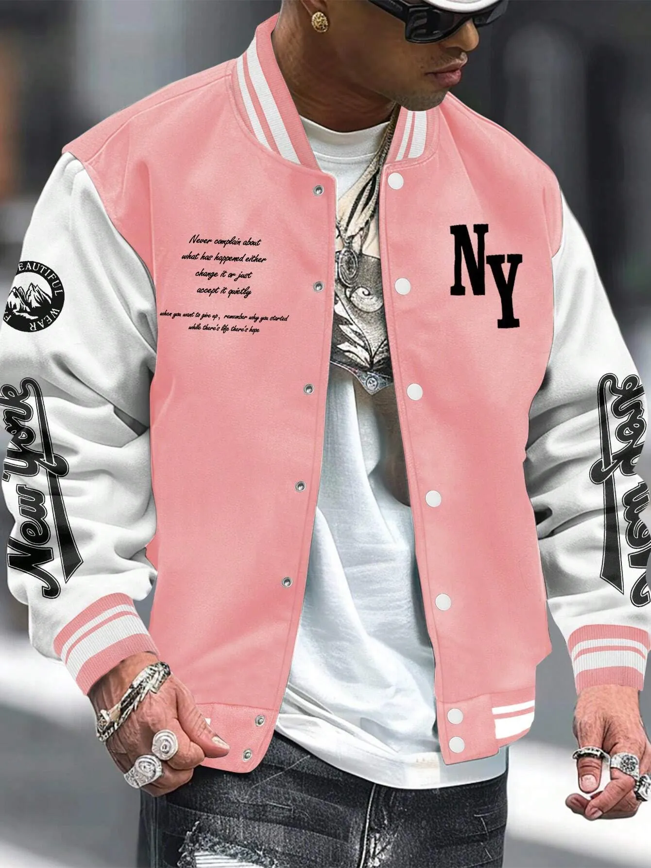 LEGND Men Slogan Graphic Two Tone Varsity Jacket, Going Out Street Wear Letter Baseball Long Sleeve Color Block Jacket, For Friends, Husband, Boyfriend Gifts