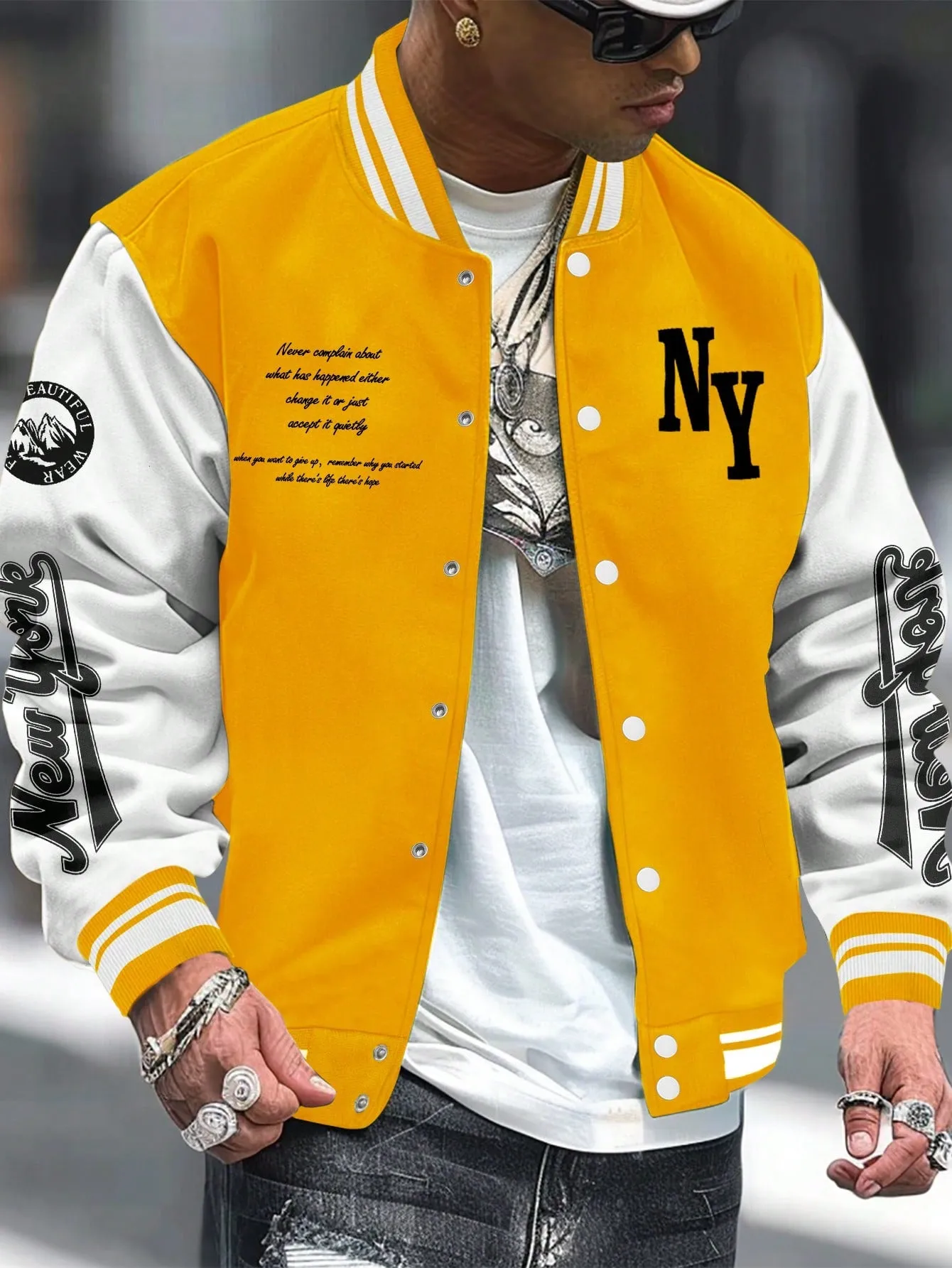 LEGND Men Slogan Graphic Two Tone Varsity Jacket, Going Out Street Wear Letter Baseball Long Sleeve Color Block Jacket, For Friends, Husband, Boyfriend Gifts