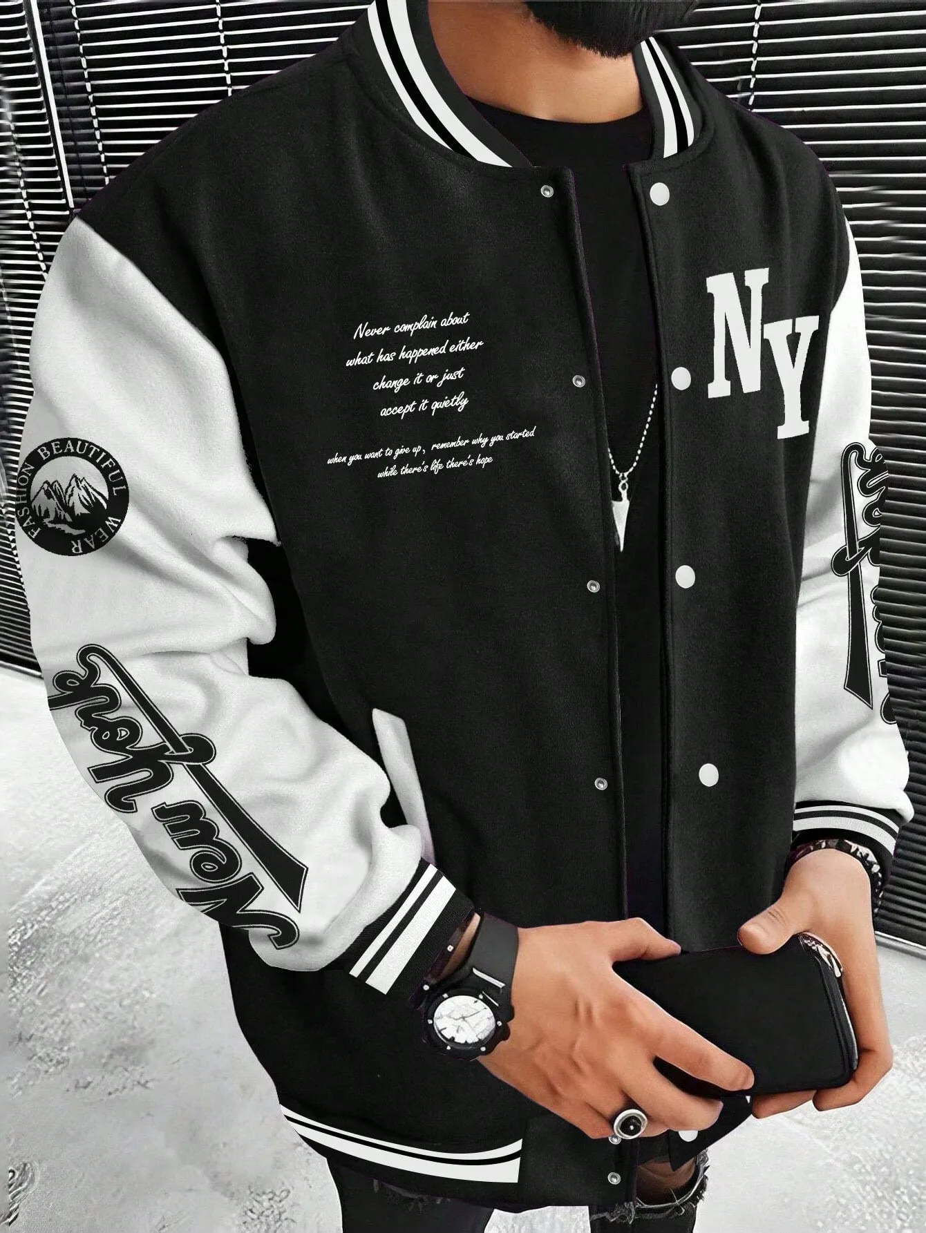 LEGND Men Slogan Graphic Two Tone Varsity Jacket, Going Out Street Wear Letter Baseball Long Sleeve Color Block Jacket, For Friends, Husband, Boyfriend Gifts